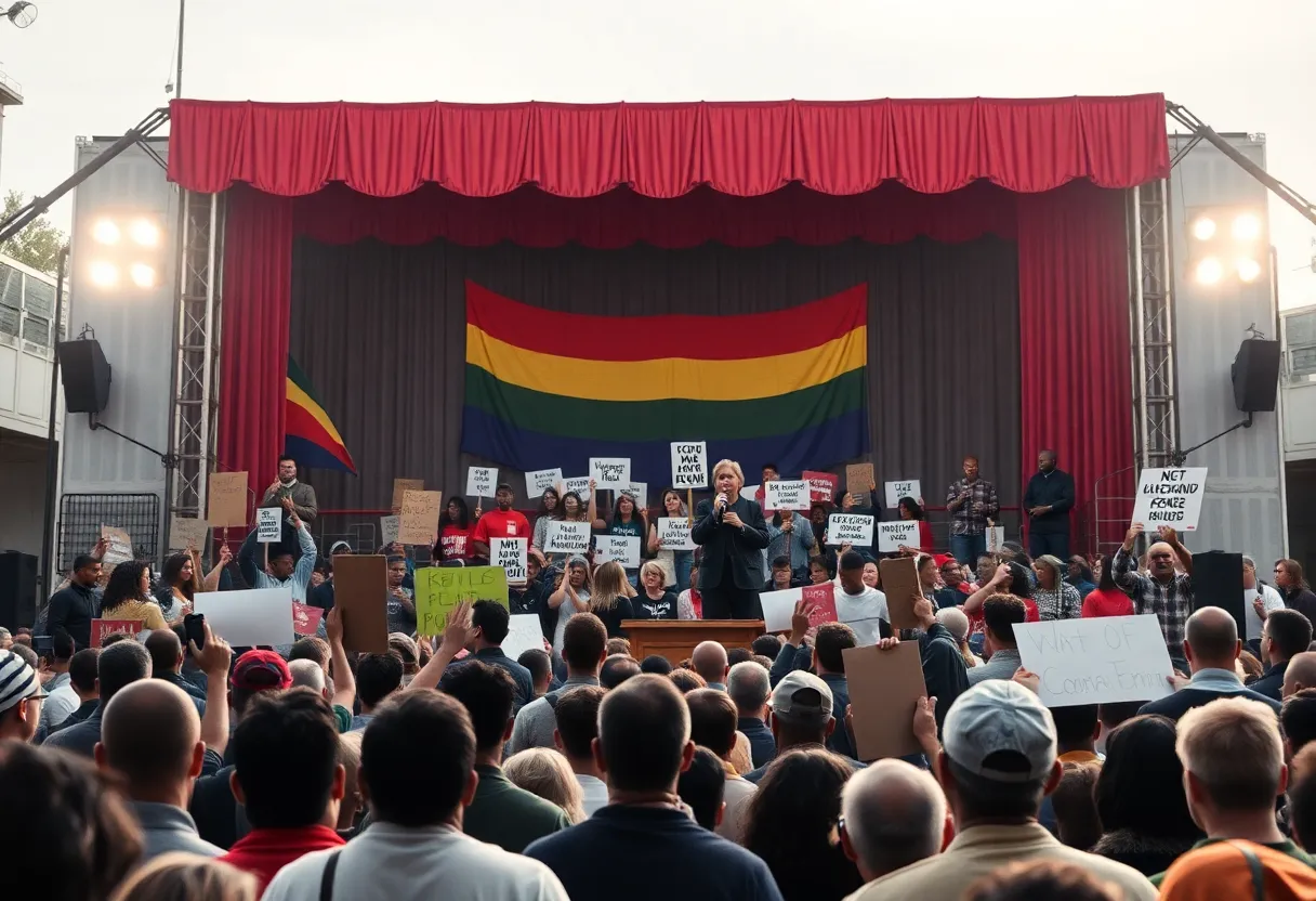 Scene from a Civil Rights Movement play with a crowd protesting for equality