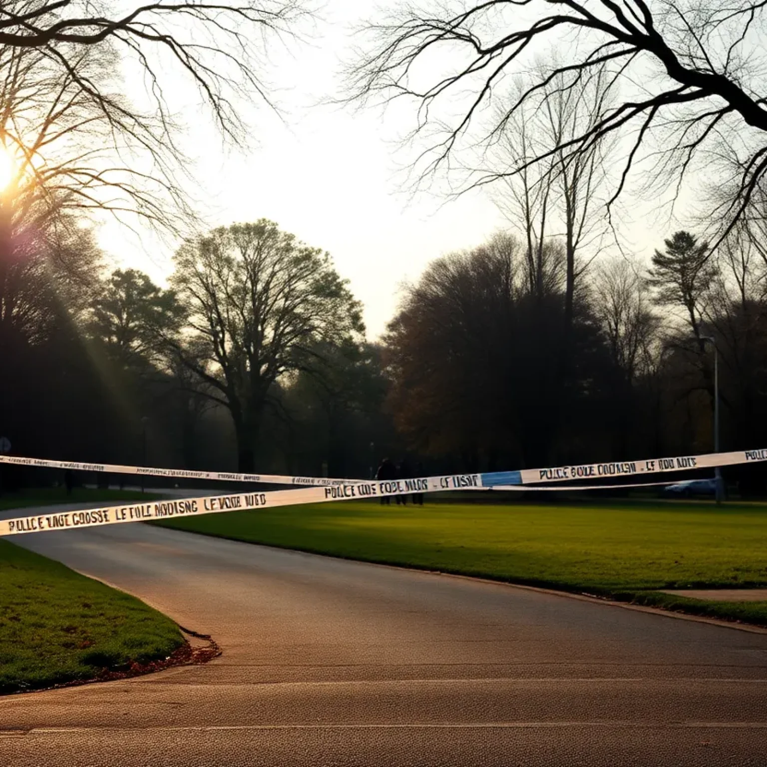 Crime scene in a park with police presence and tape.