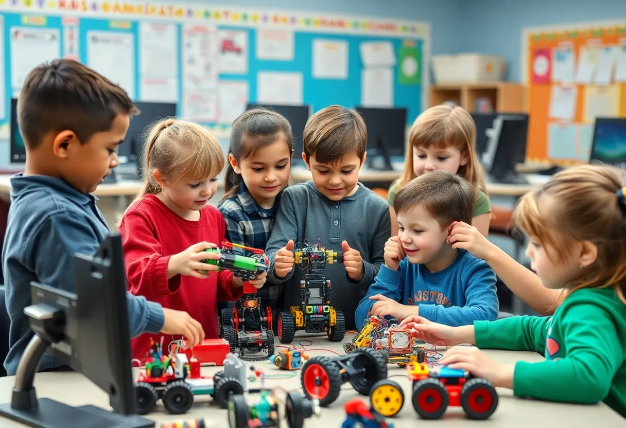 Elementary students participating in a robotics workshop