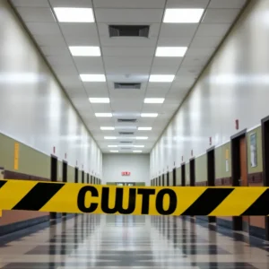 Empty school hallway with caution signs and police tape