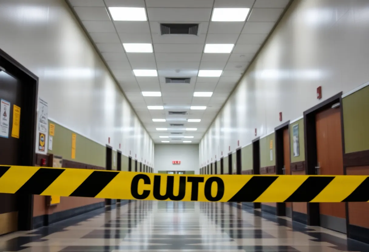 Empty school hallway with caution signs and police tape