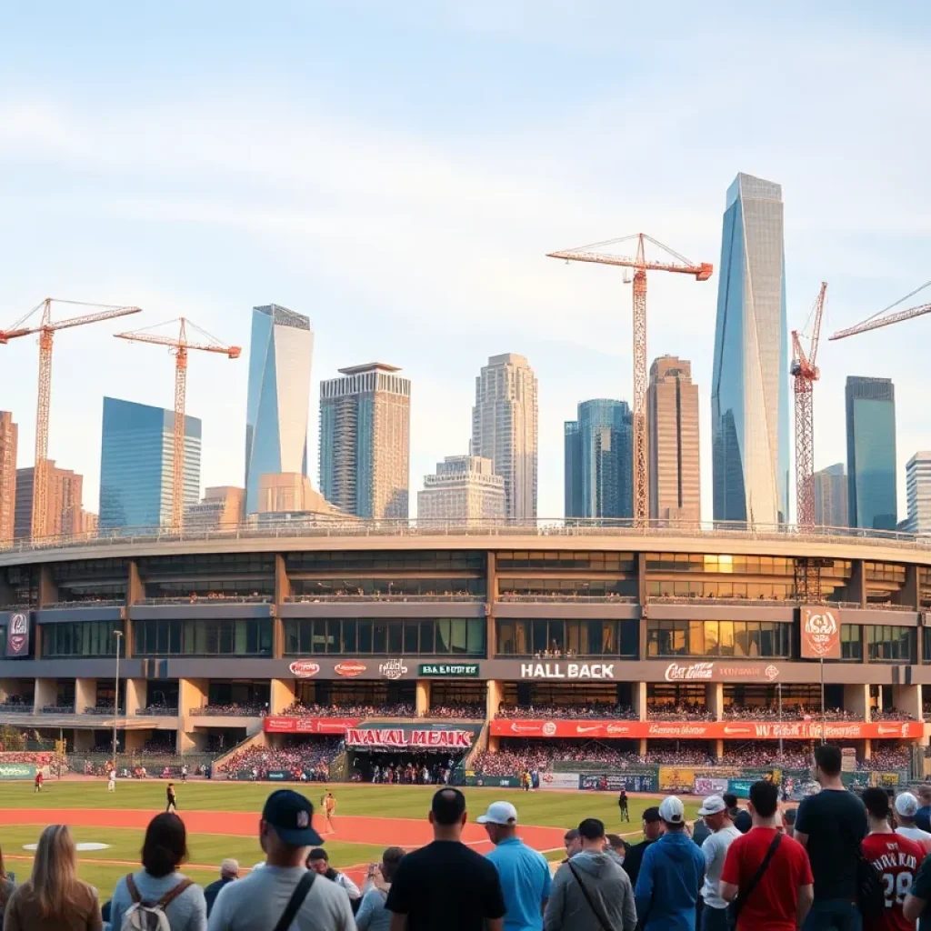 Illustration of a modern baseball stadium amidst a city skyline