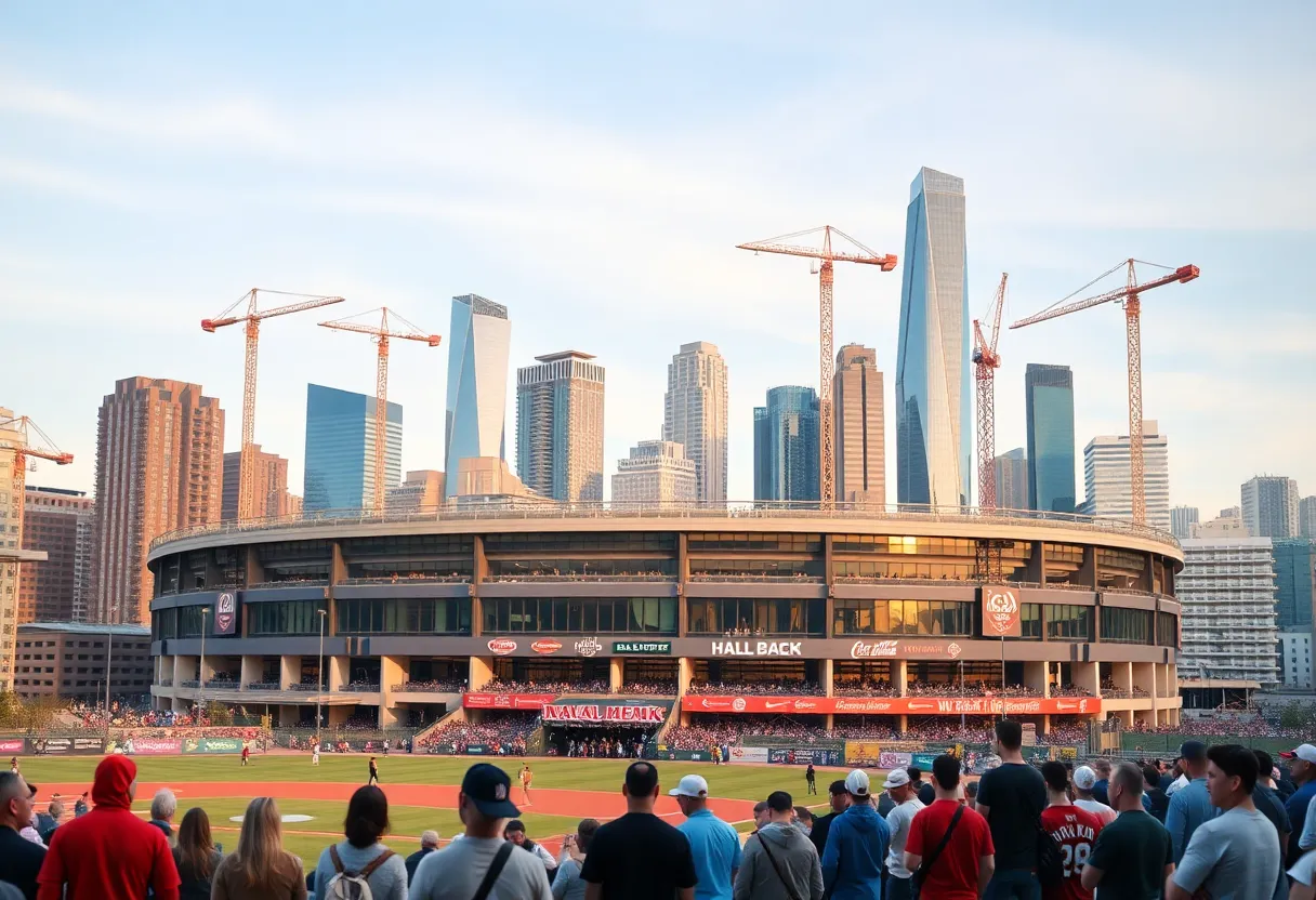 Illustration of a modern baseball stadium amidst a city skyline