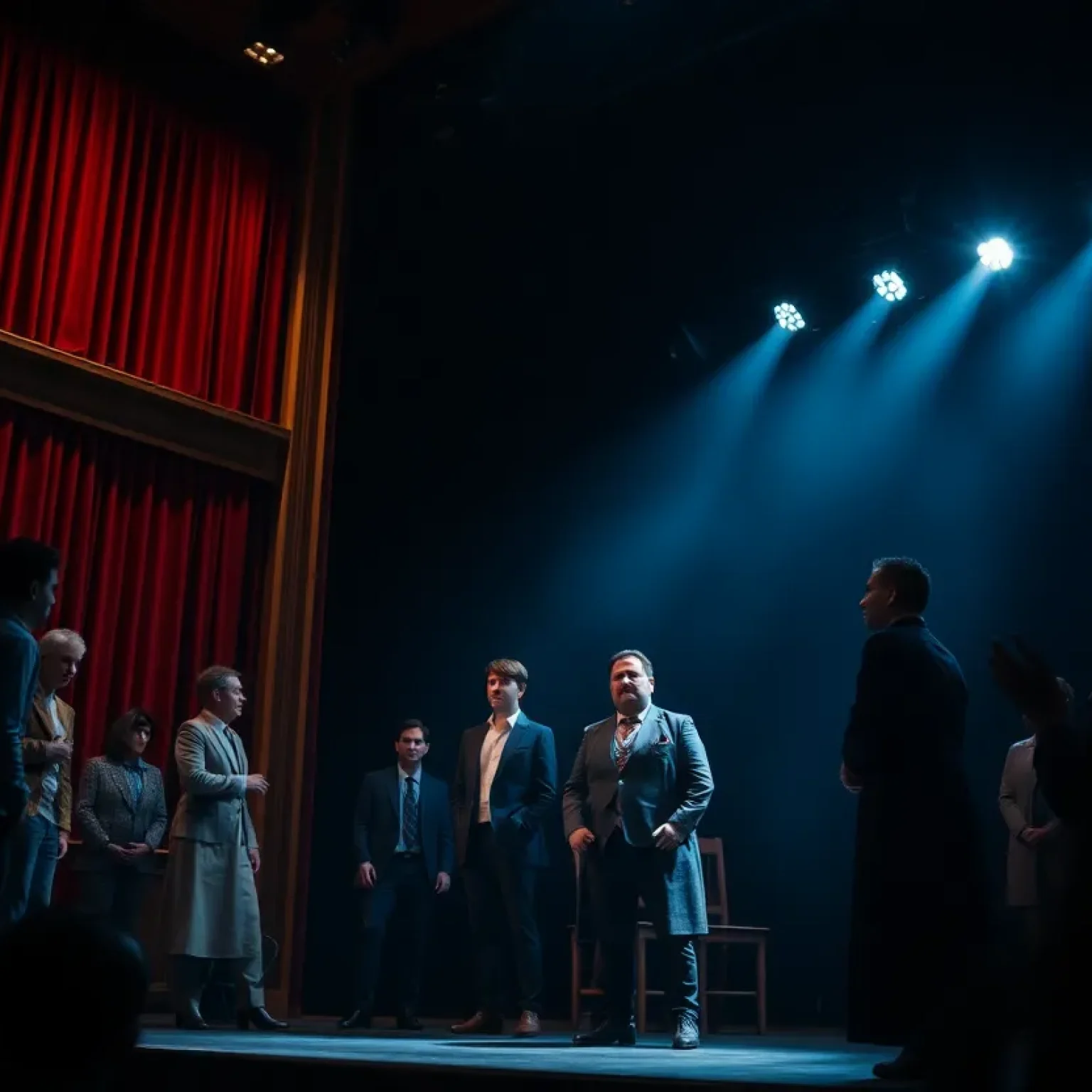 A scene from 'The Pillowman' play at Jobsite Theater in Tampa, showcasing actors performing on stage.