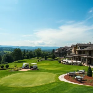 Breathtaking view of a European golf resort with lush greens and luxurious amenities.