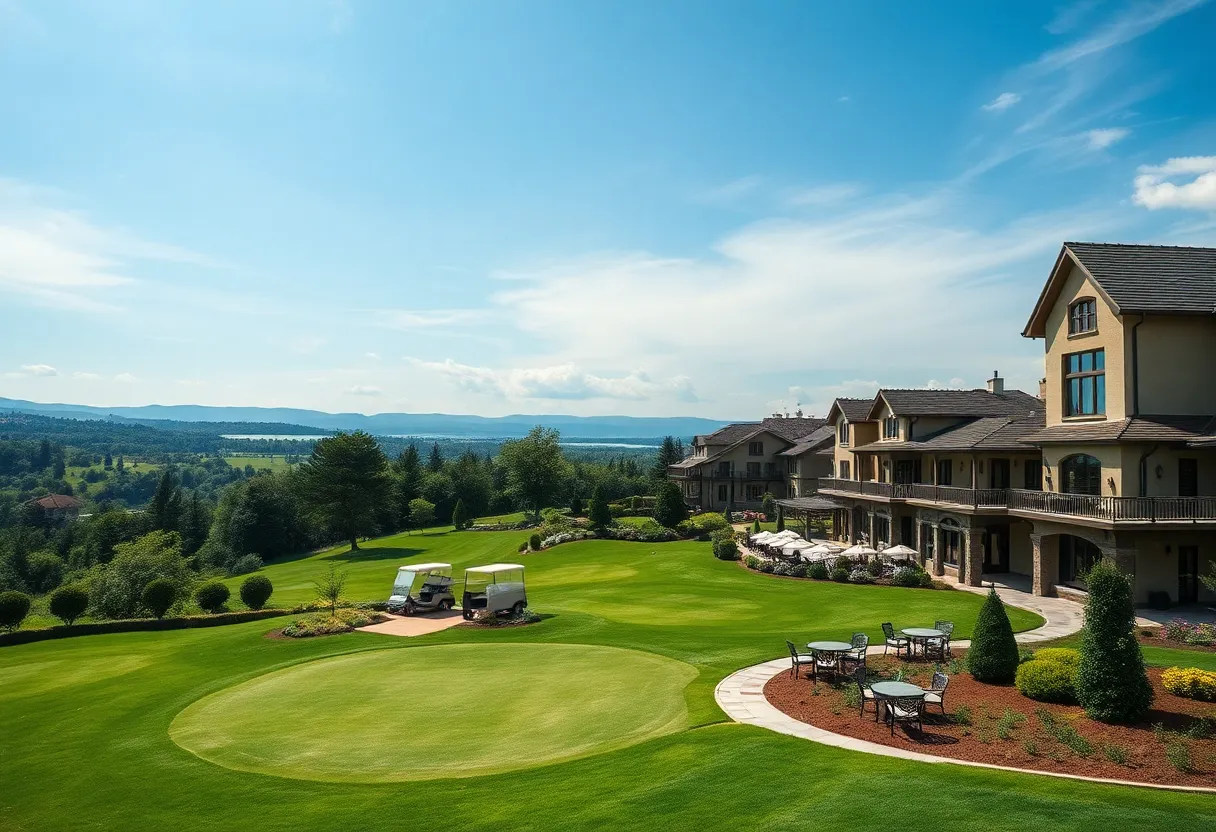 Breathtaking view of a European golf resort with lush greens and luxurious amenities.