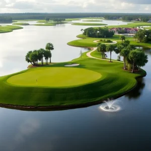 Aerial view of the 17th hole at TPC Sawgrass with green landscape and water hazard