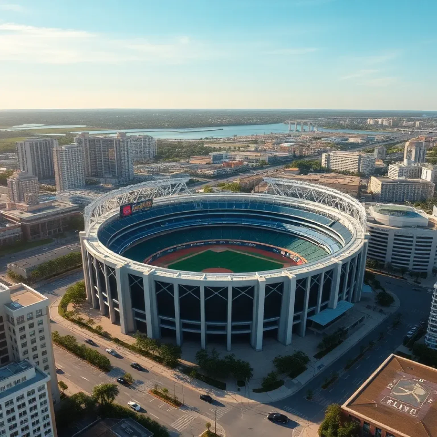 Aerial view of Tropicana Field with a city skyline in the background.