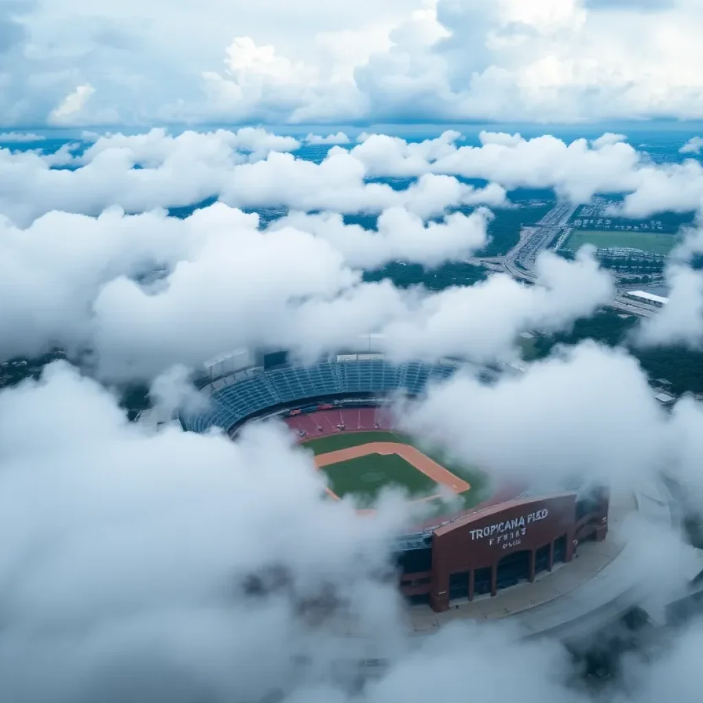 Aerial view of Tropicana Field with dark storm clouds looming overhead.