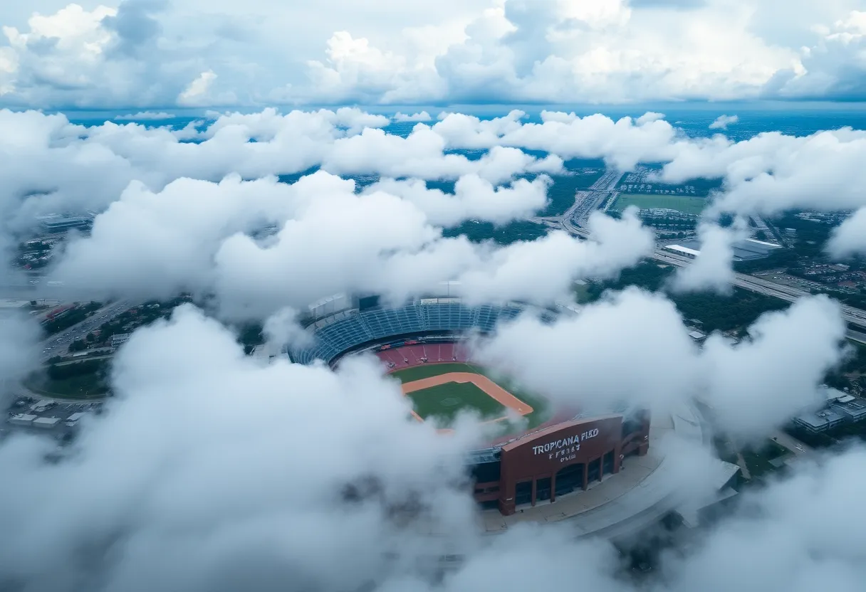 Aerial view of Tropicana Field with dark storm clouds looming overhead.