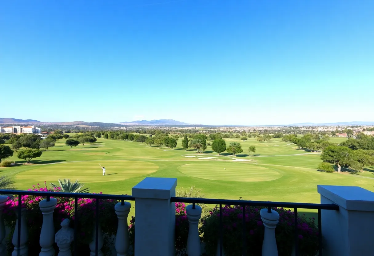 Stunning view of a golf resort with sunny skies and vibrant golf courses