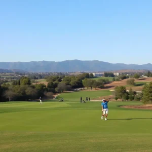 Golfers playing on a beautiful golf course during a tournament.