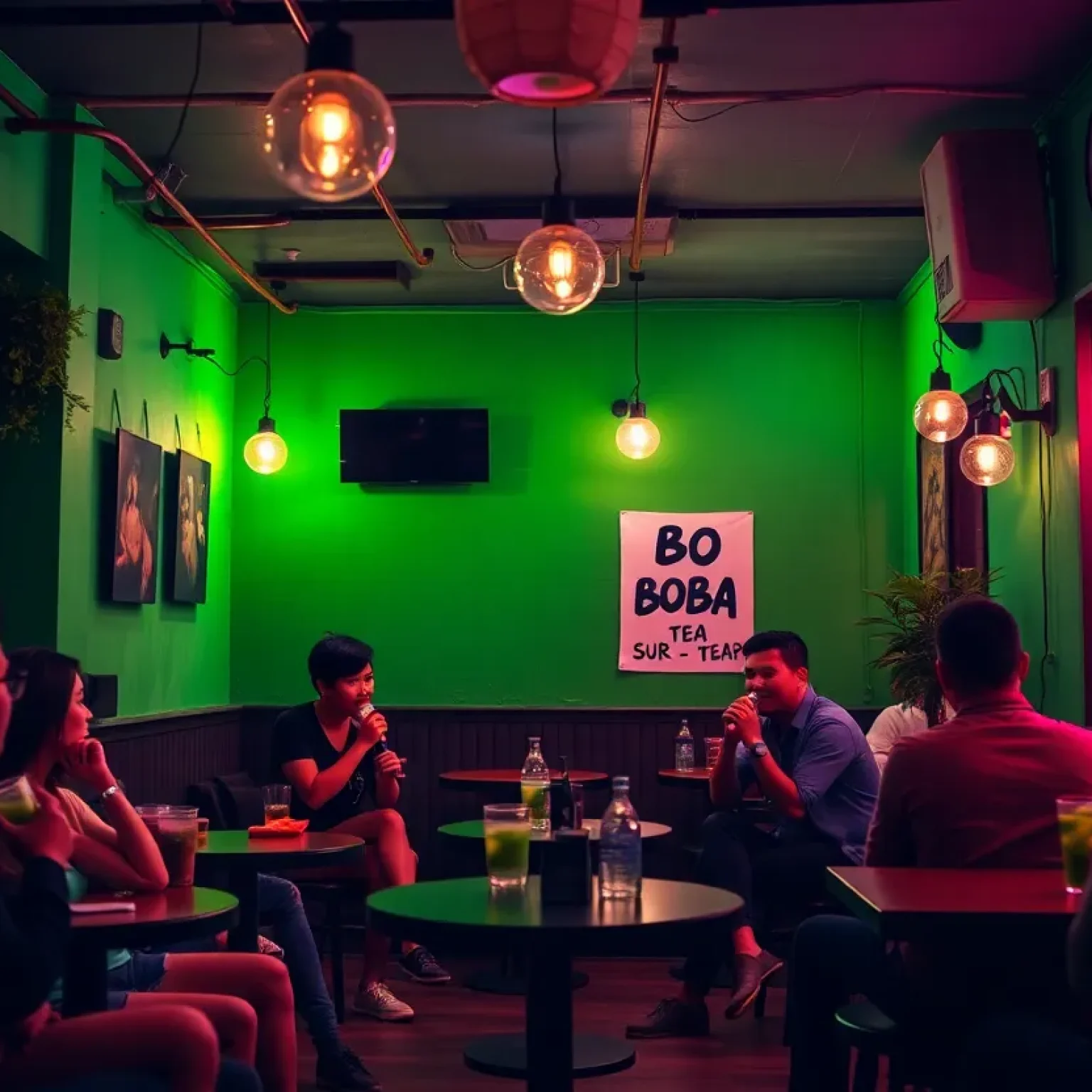 Vibrant interior of University Boba Tea House with customers enjoying boba tea.