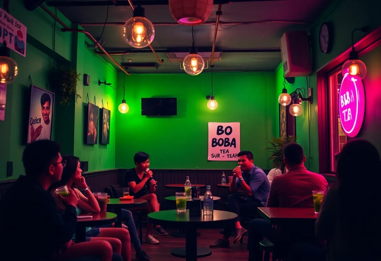 Vibrant interior of University Boba Tea House with customers enjoying boba tea.