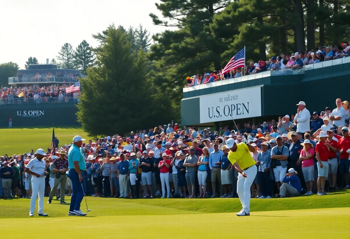 Players competing and fans watching at the 2024 U.S. Open Golf Tournament