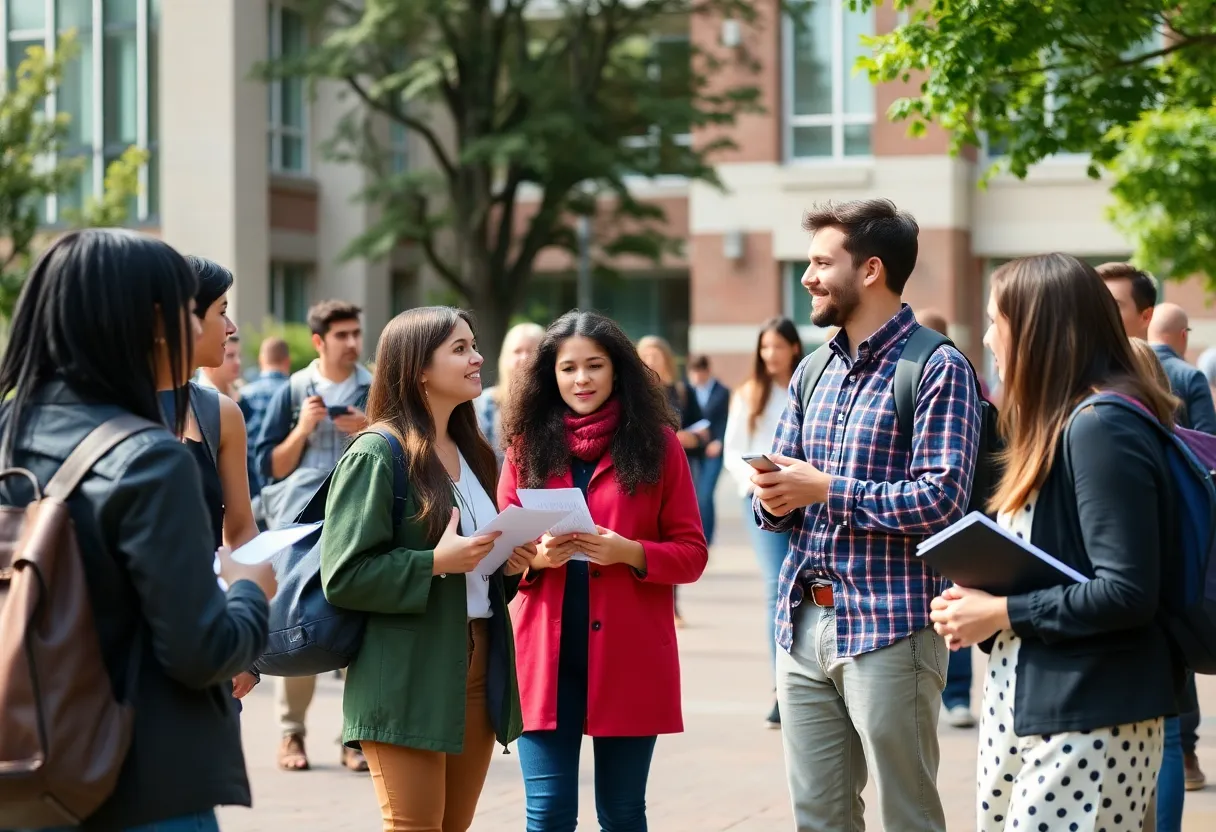 Students and faculty interacting on the University of South Florida campus during the presidential search announcement.