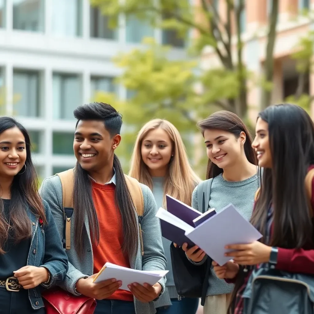 Diverse group of university students studying together on campus