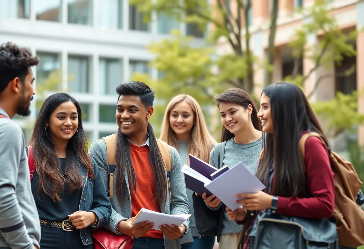 Diverse group of university students studying together on campus