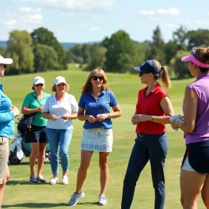 Women golfers celebrating at an outdoor golf event