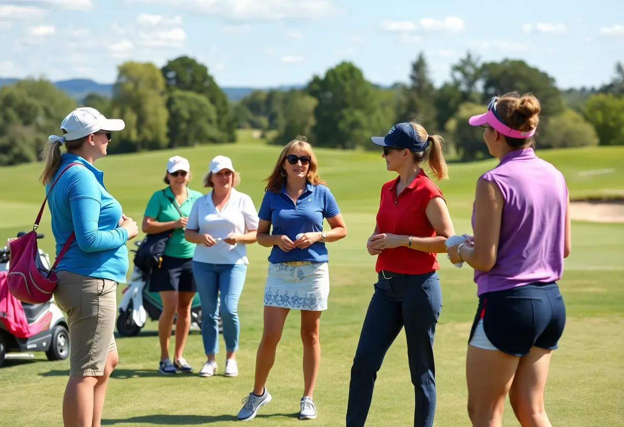 Women golfers celebrating at an outdoor golf event