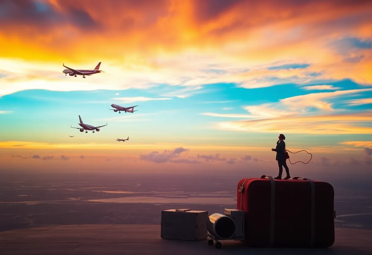 A depiction of an inspirational aviation scene with planes and a bright sky