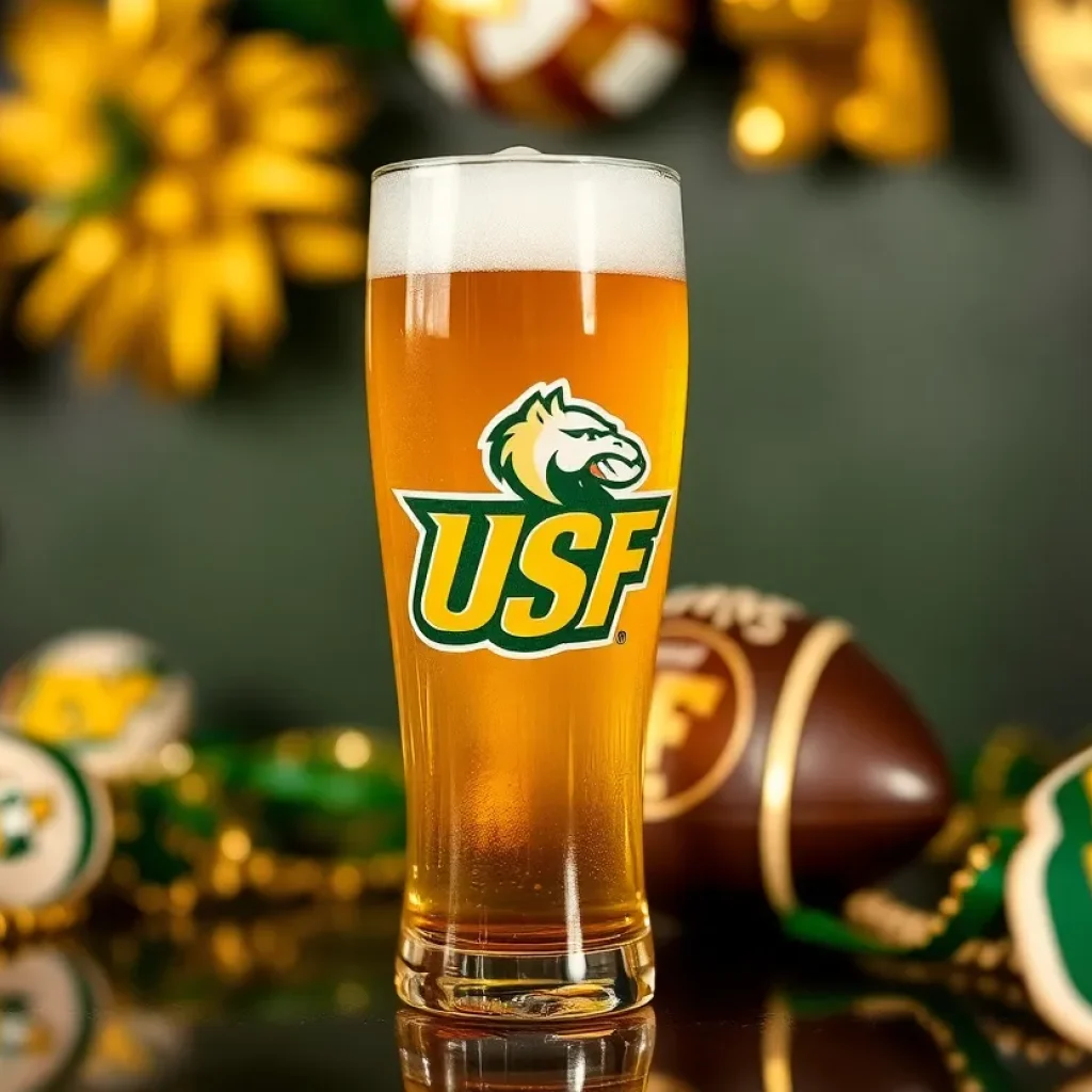 A pint of Brahman Golden Ale with USF colors
