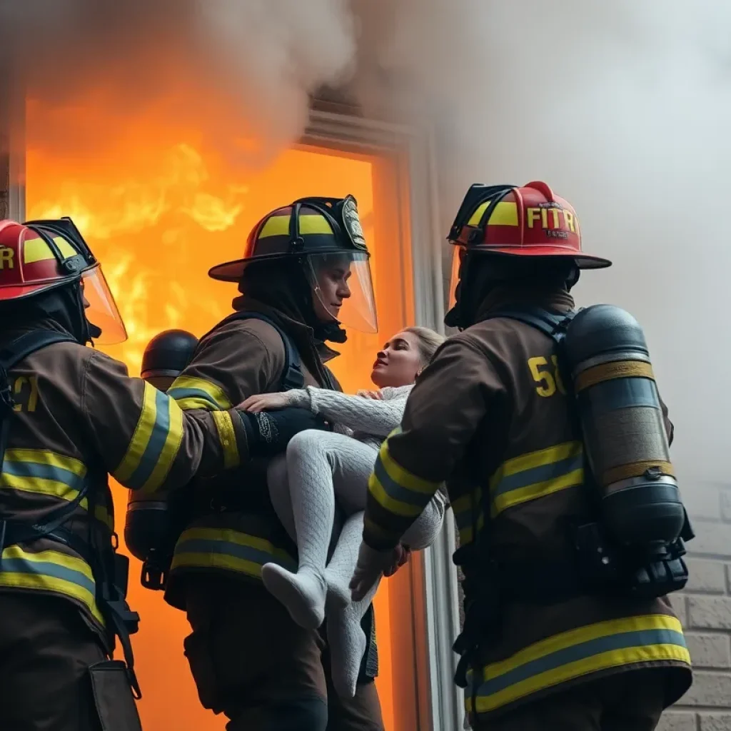 Firefighters rescuing a woman from an apartment surrounded by smoke and flames.