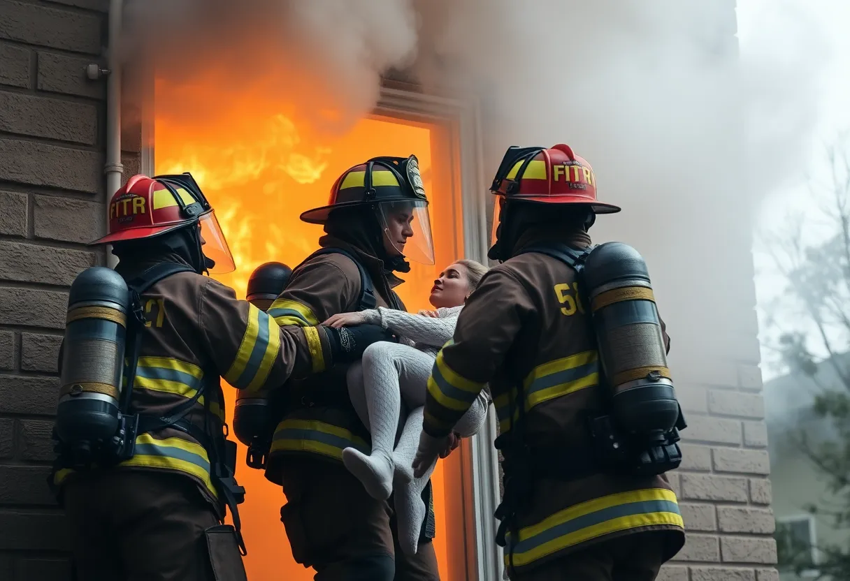 Firefighters rescuing a woman from an apartment surrounded by smoke and flames.