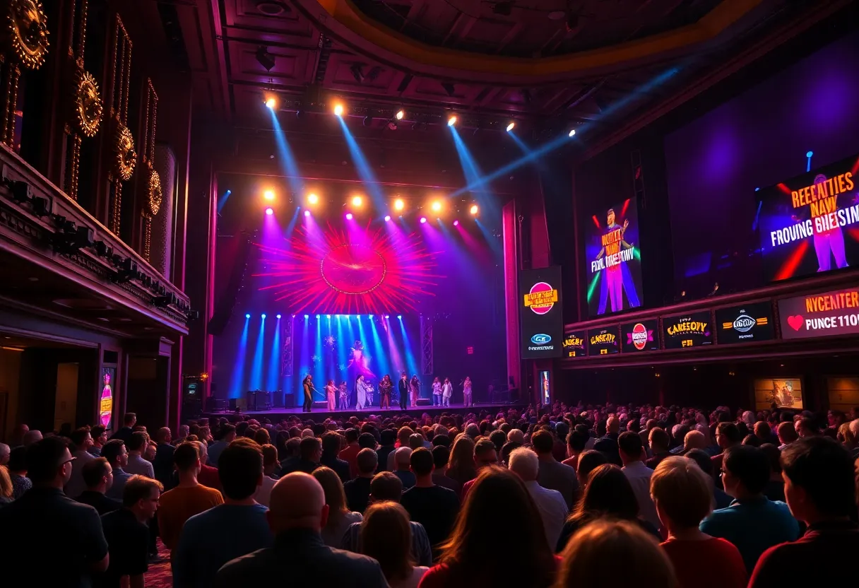 Theater stage with bright lights and audience excitement for Broadway shows in Tampa.