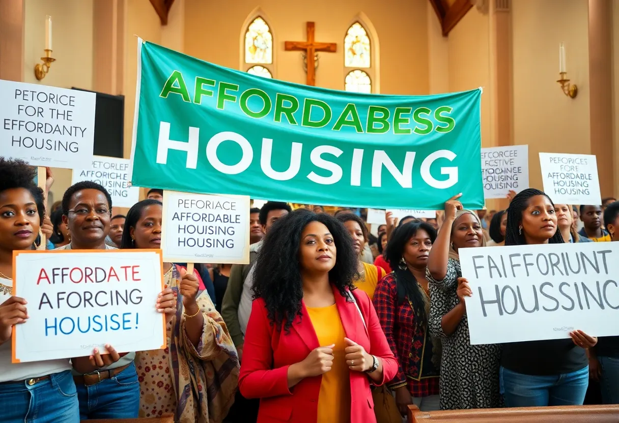 Residents rallying for affordable housing at Bible-Based Fellowship Church.