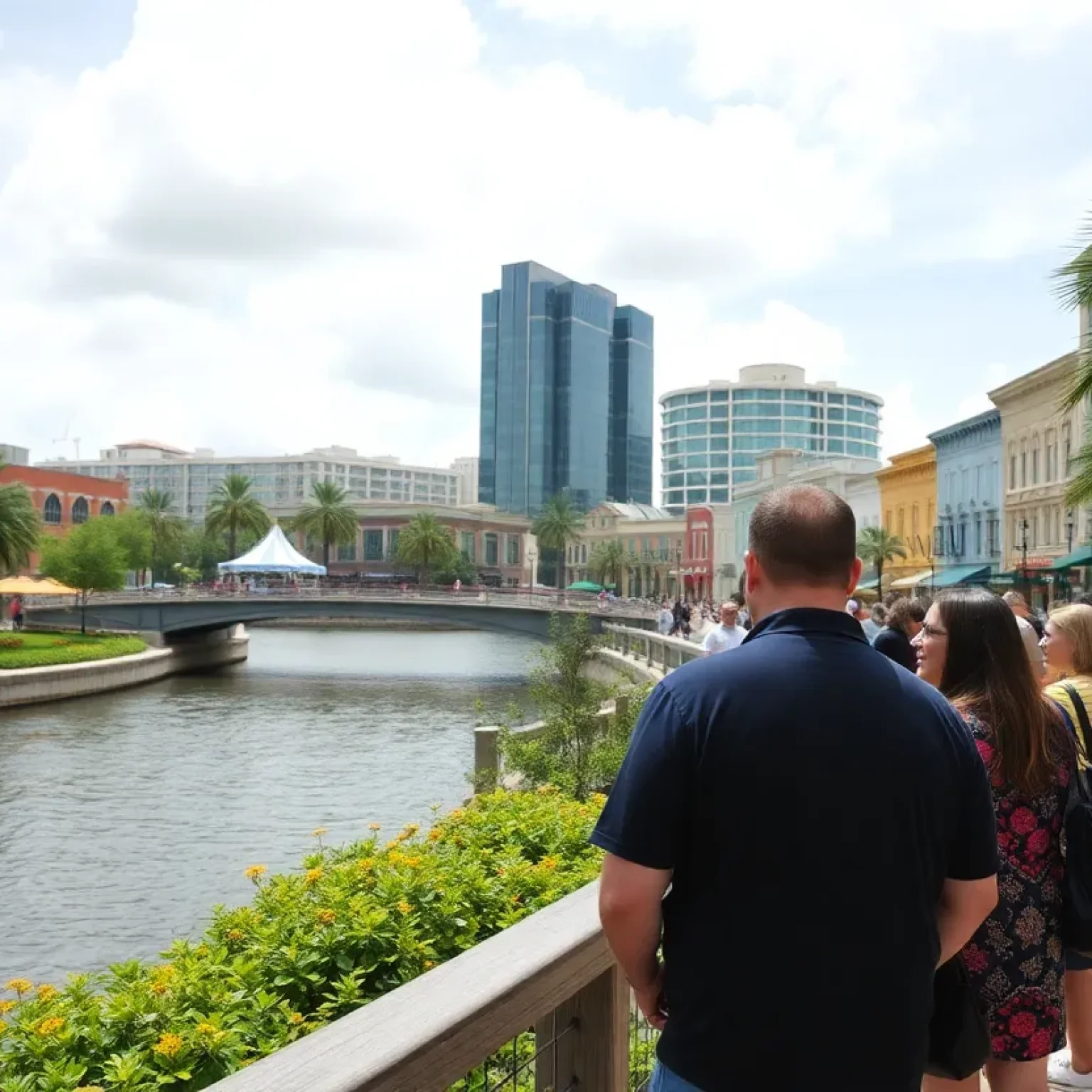 People solving clues on the Tampa Riverwalk during the CLUE Walking Mystery Adventure.