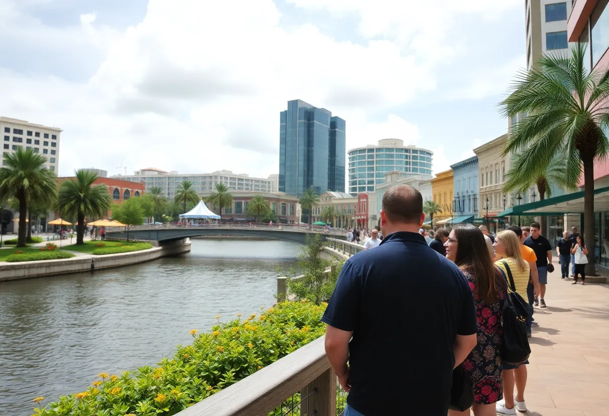 People solving clues on the Tampa Riverwalk during the CLUE Walking Mystery Adventure.
