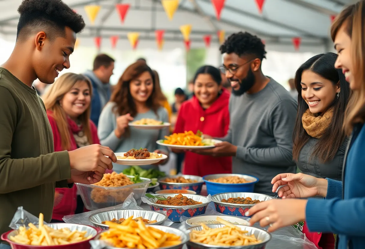 People enjoying a community food event facilitated by Breadcoin tokens.