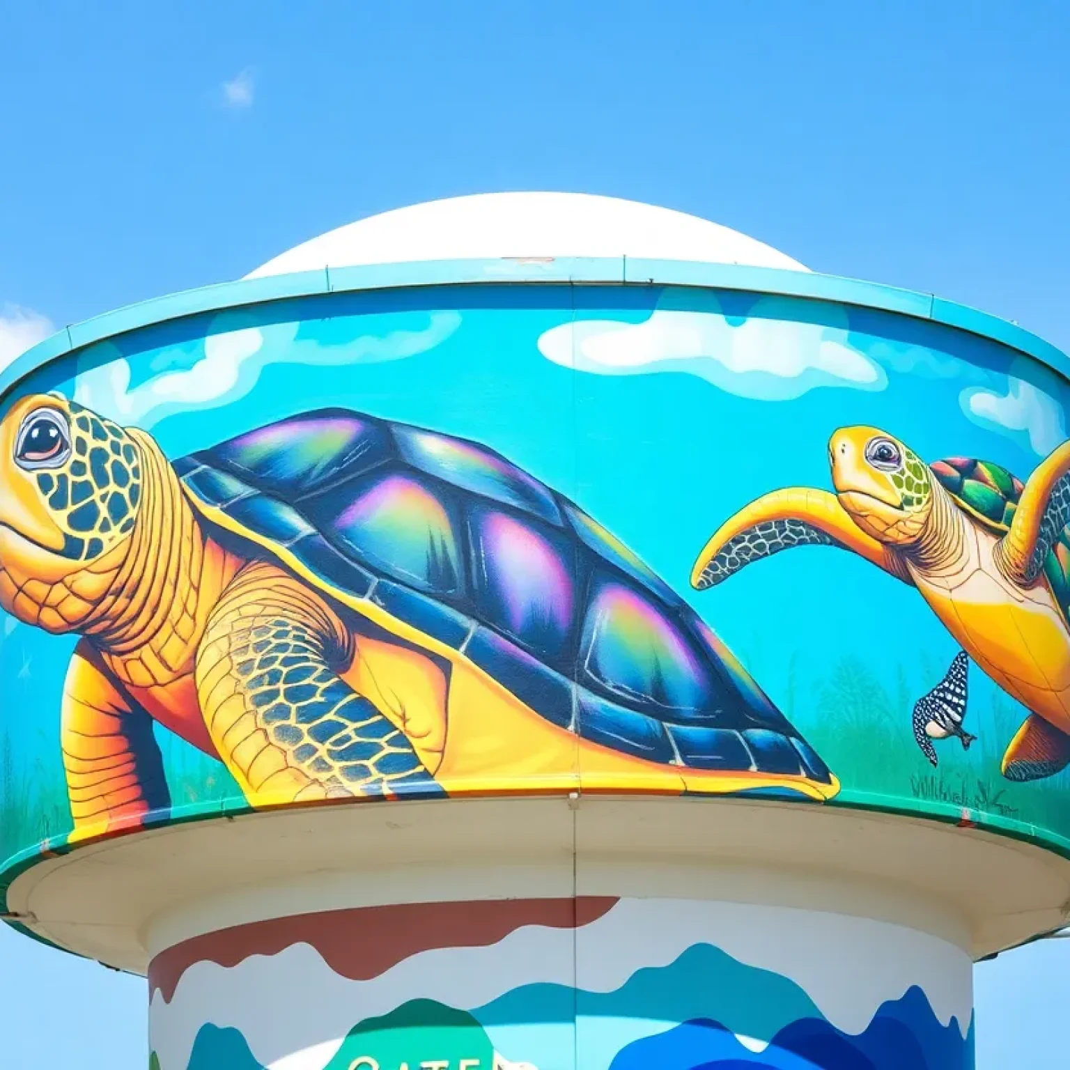 Vibrant mural of a gopher tortoise and sea turtle on a water tower