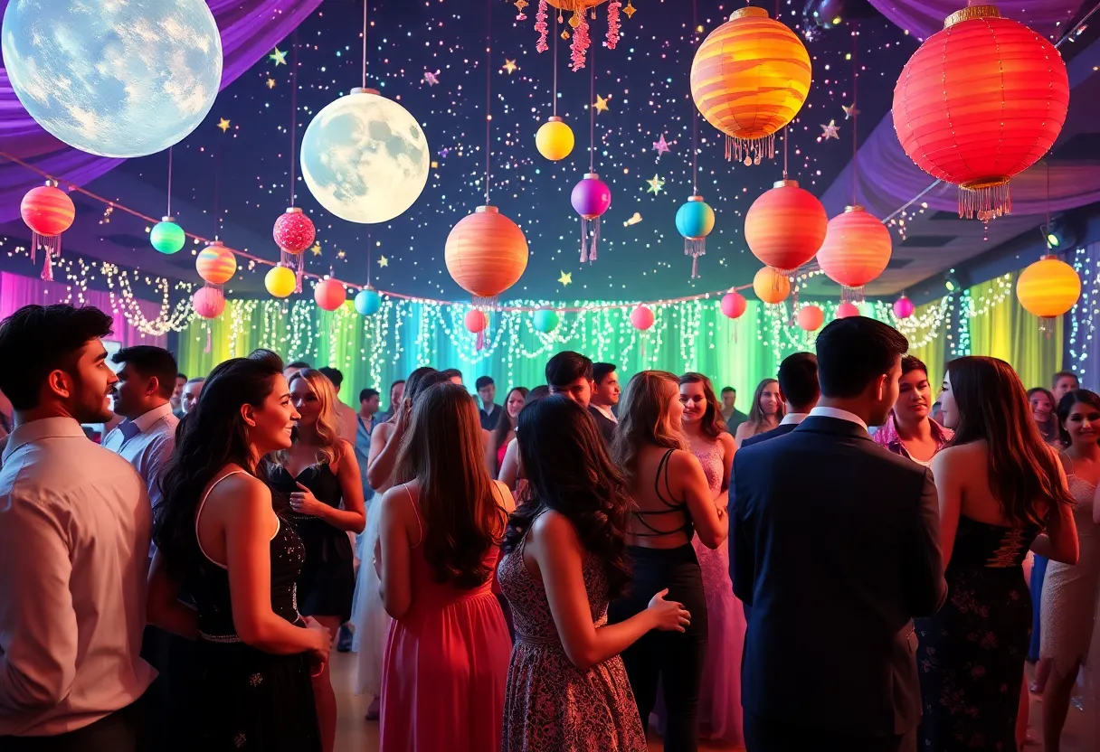 A vibrant prom night celebrating autism acceptance with space-themed decorations and joyful attendees.