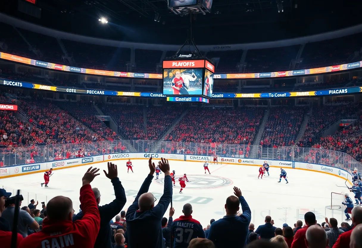 Florida Panthers celebrating during a playoff game against Tampa Bay Lightning