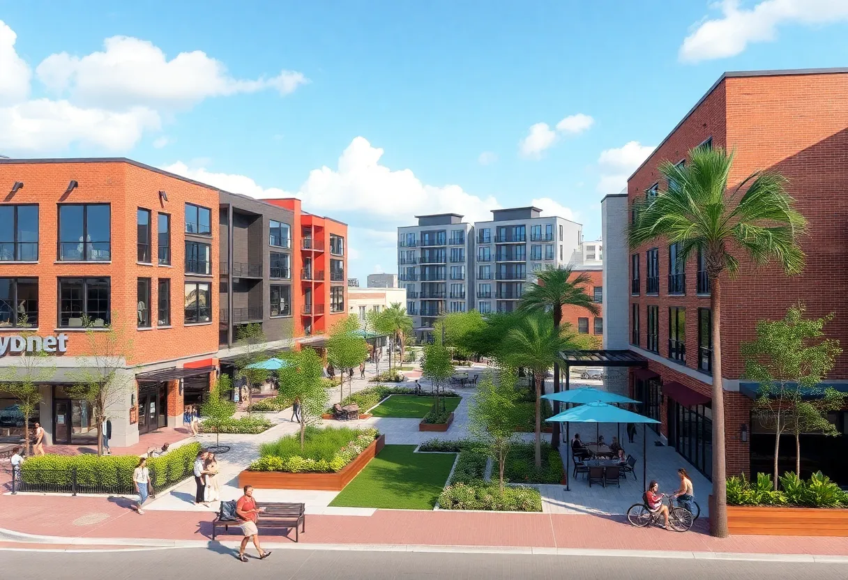 Aerial view of the Gasworx development in Ybor City showcasing new buildings and green spaces.