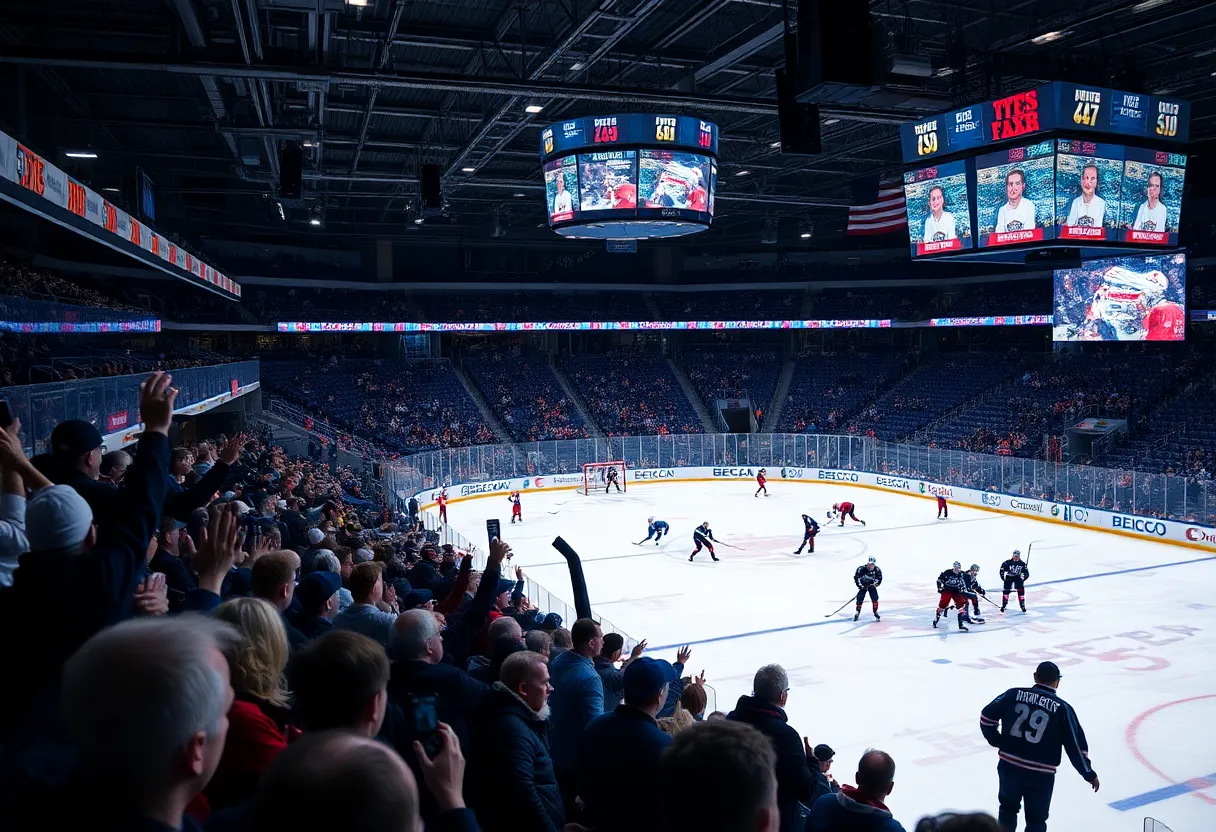 Intensity of a playoff hockey game with fans cheering and players in action.