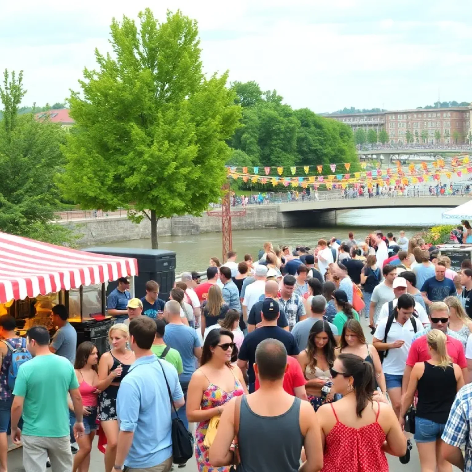 Crowd enjoying the Riverfest in Tampa with food stalls and a festive atmosphere.