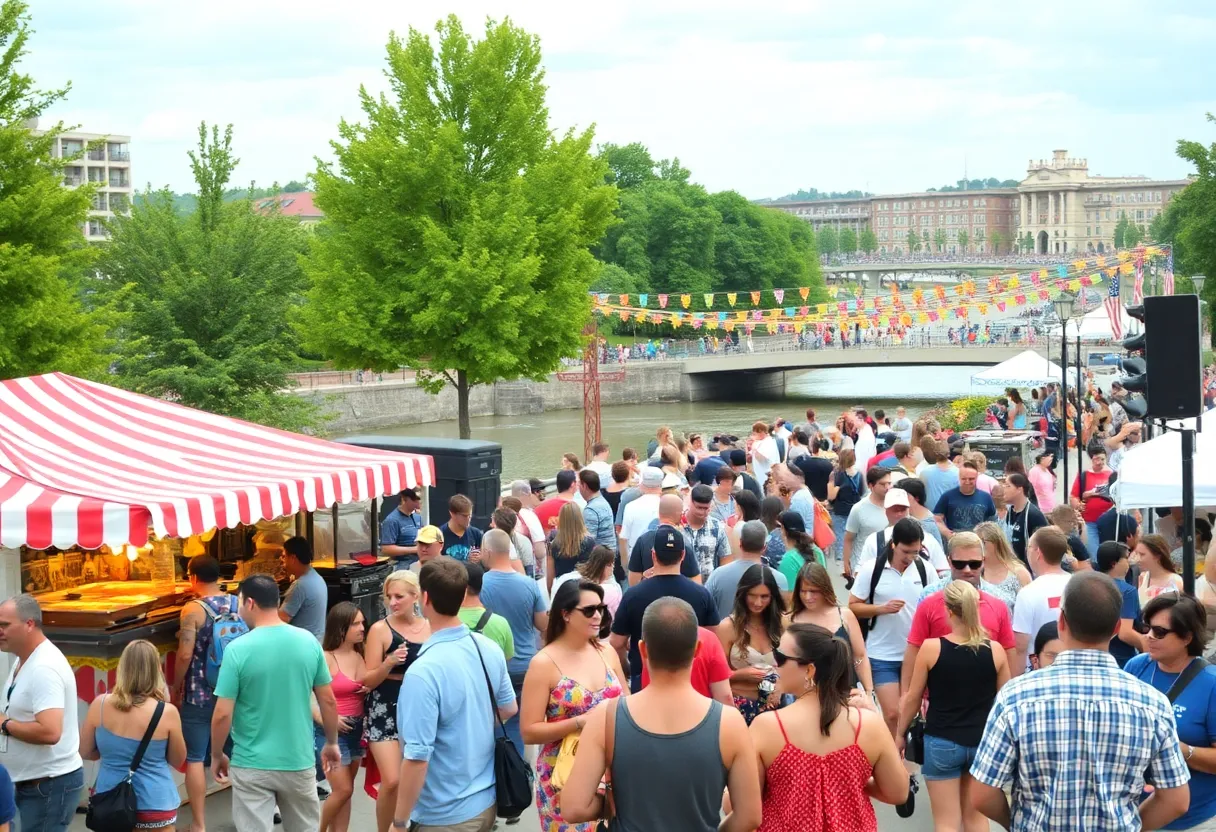 Crowd enjoying the Riverfest in Tampa with food stalls and a festive atmosphere.