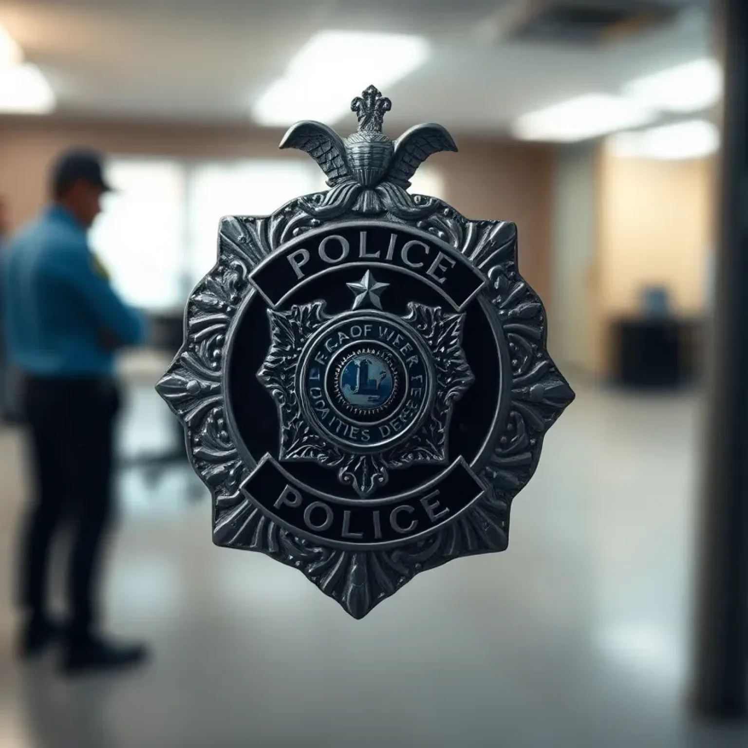 Police badge in focus with blurred department background