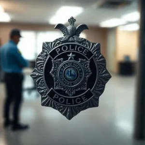 Police badge in focus with blurred department background