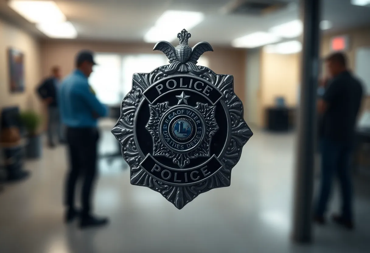Police badge in focus with blurred department background