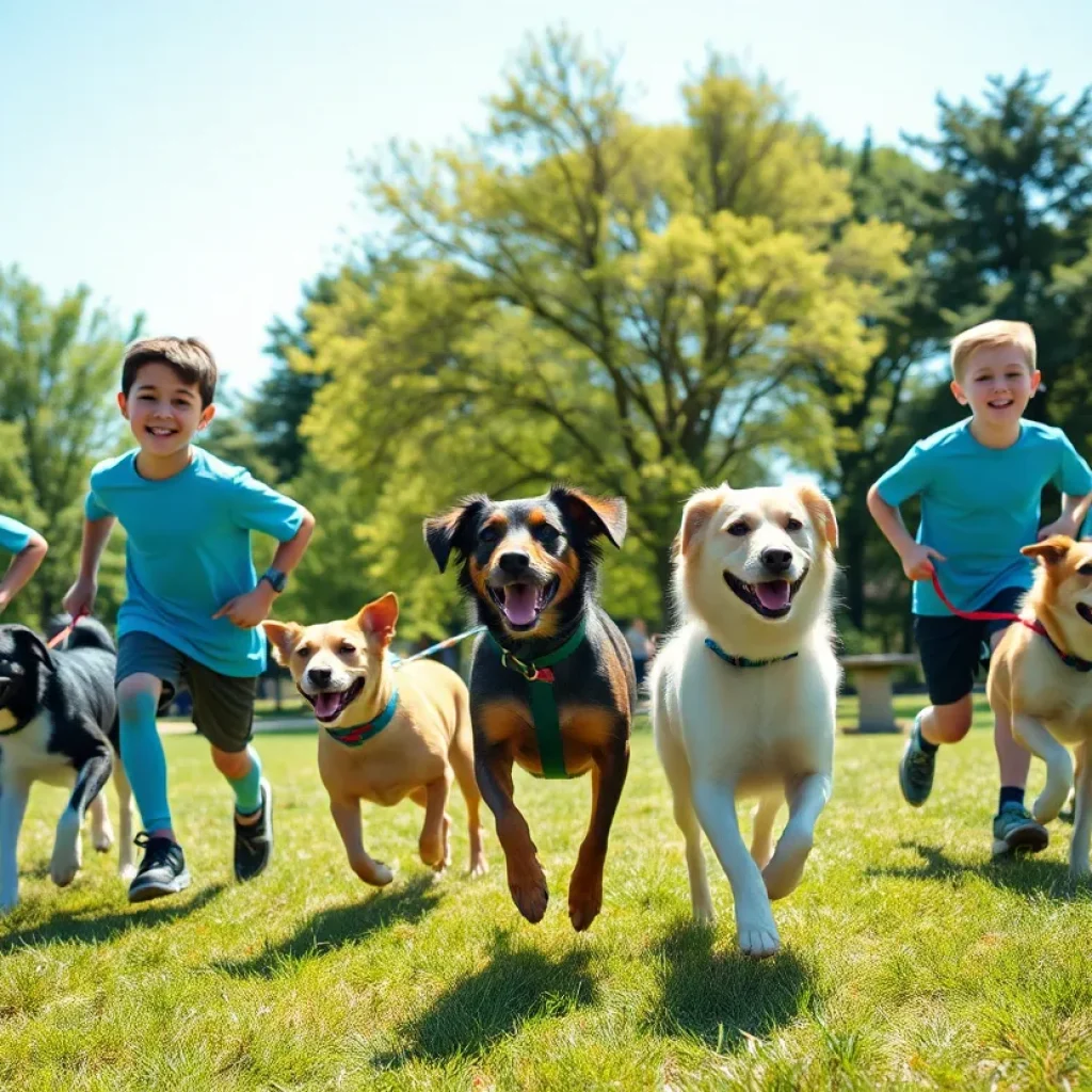 Boys cross country team running with shelter dogs in the park