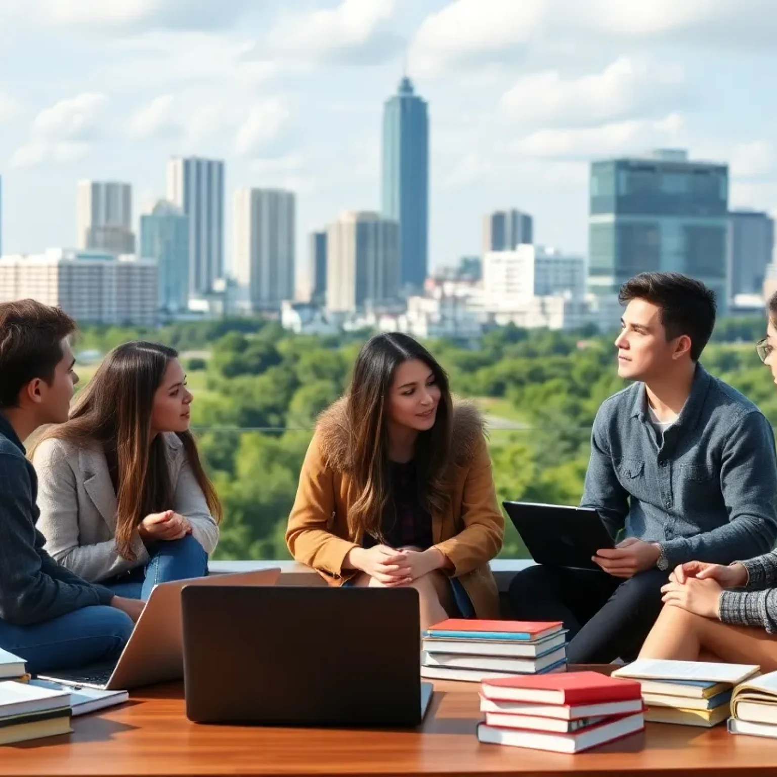 Students discussing student loan collections with Tampa skyline