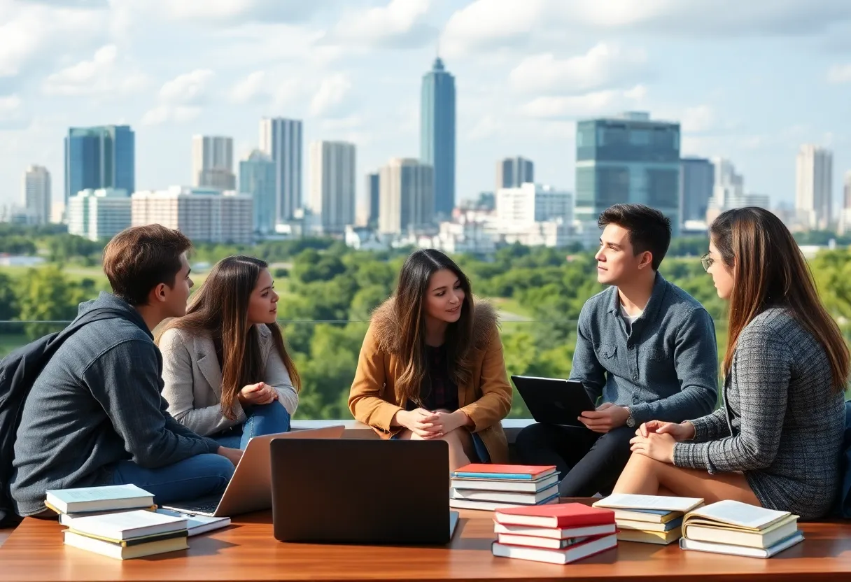 Students discussing student loan collections with Tampa skyline