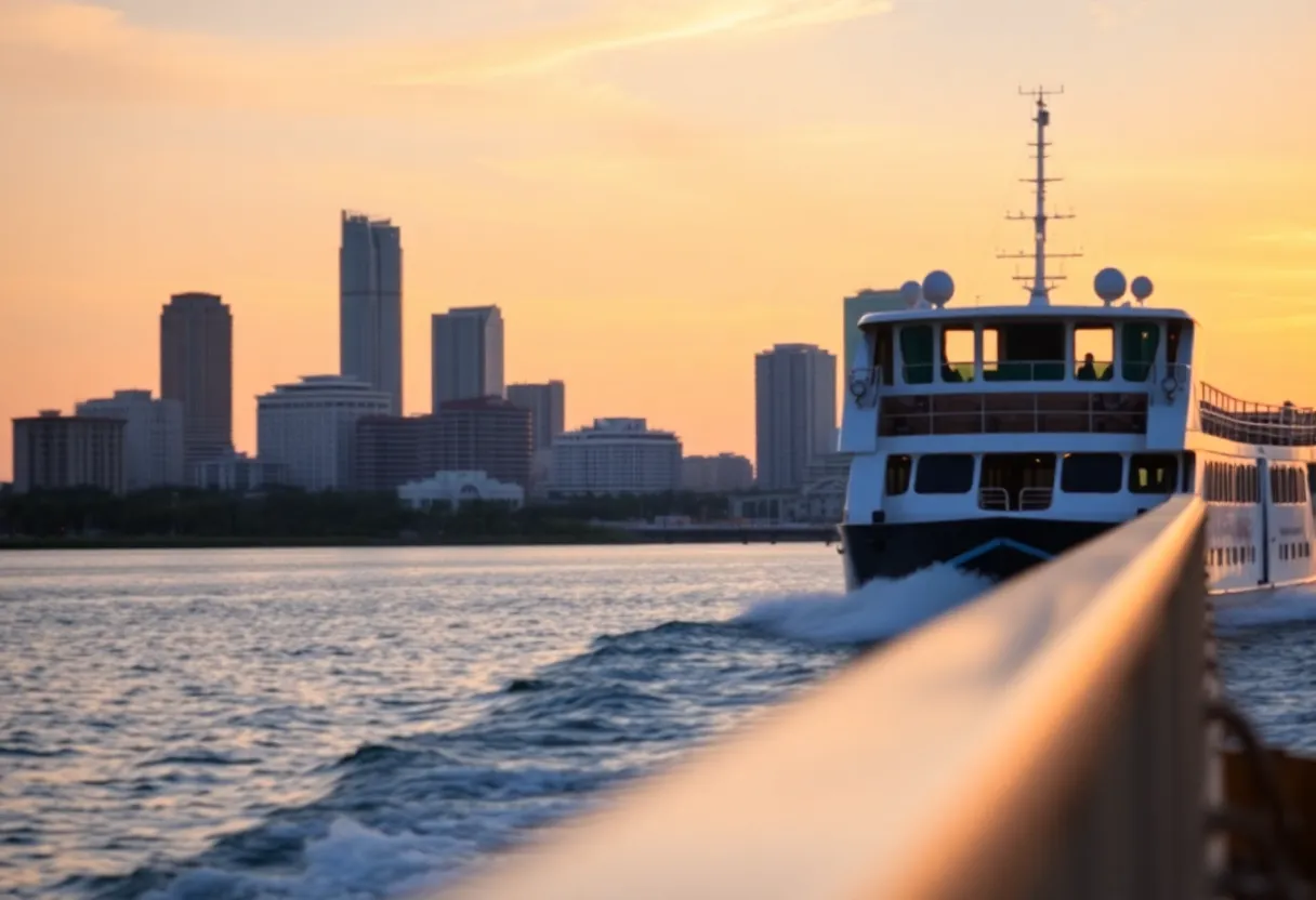 Ferry crossing Tampa Bay at sunset with city skyline.