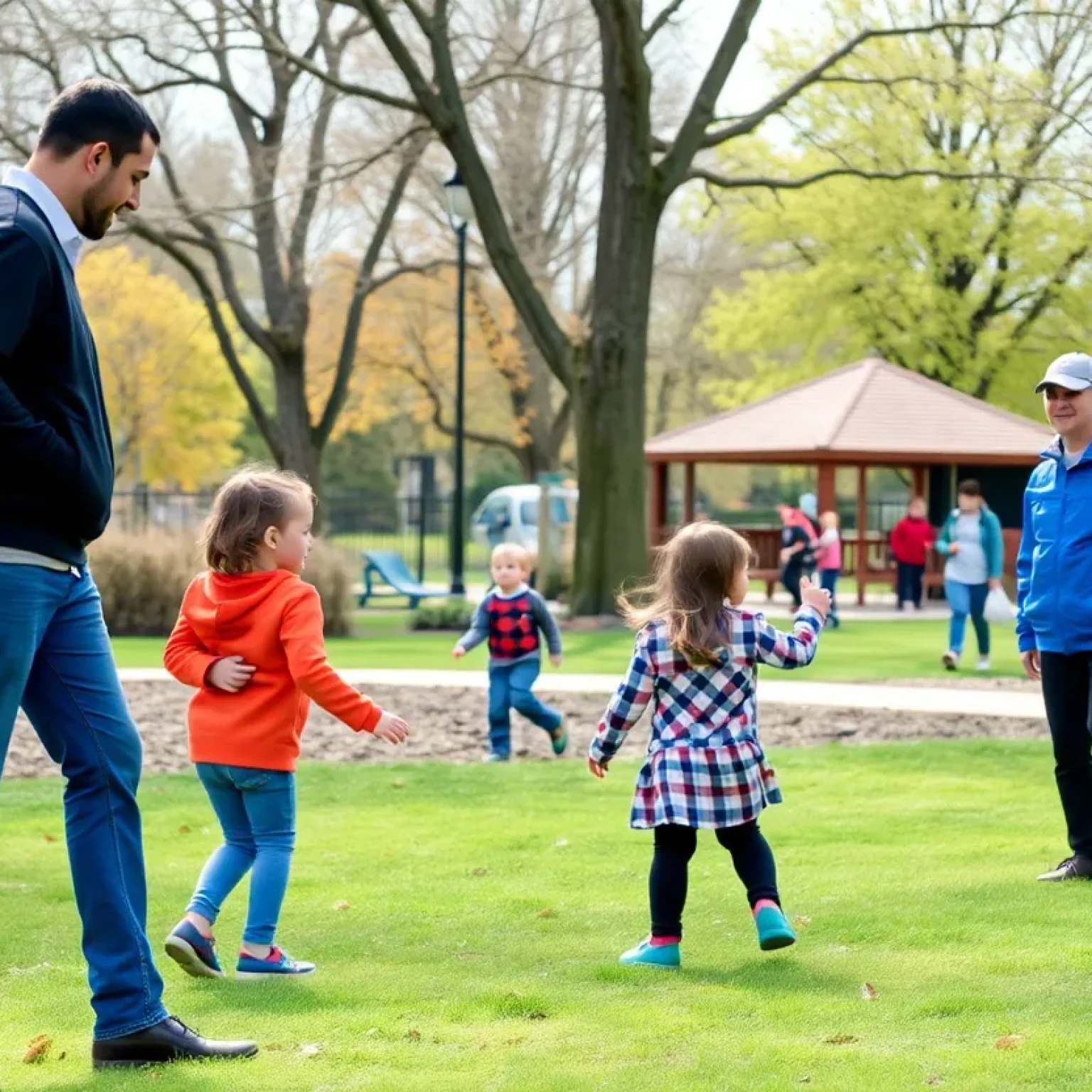 A vibrant community park filled with children and families enjoying a sunny day.