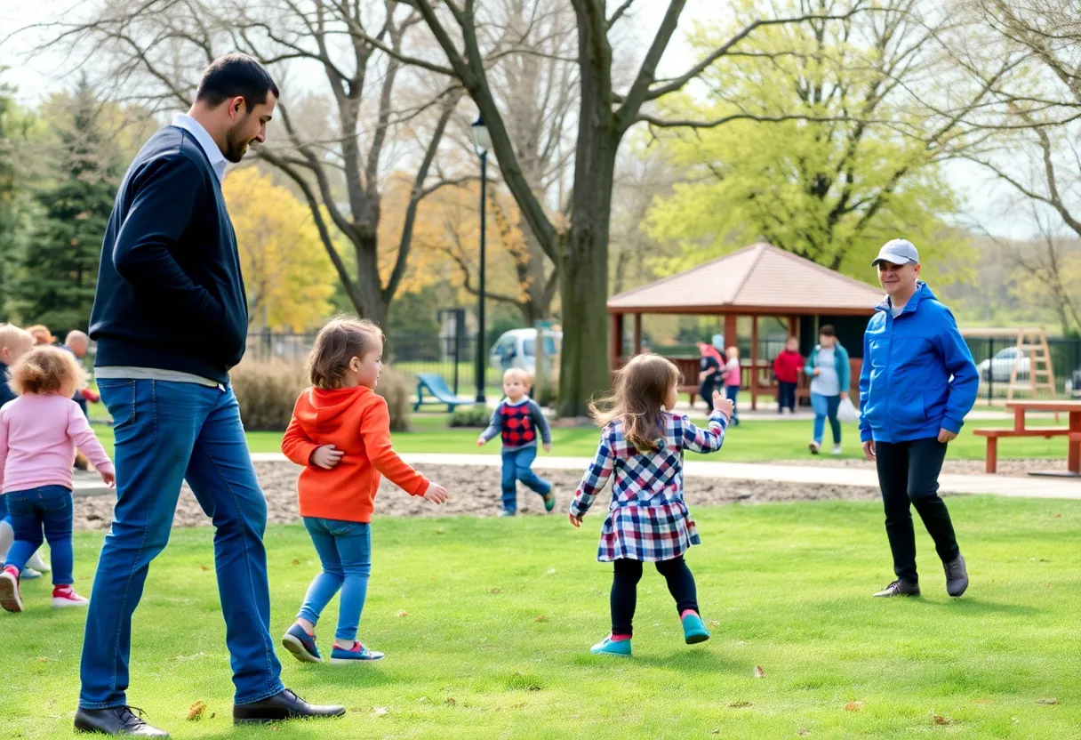 A vibrant community park filled with children and families enjoying a sunny day.