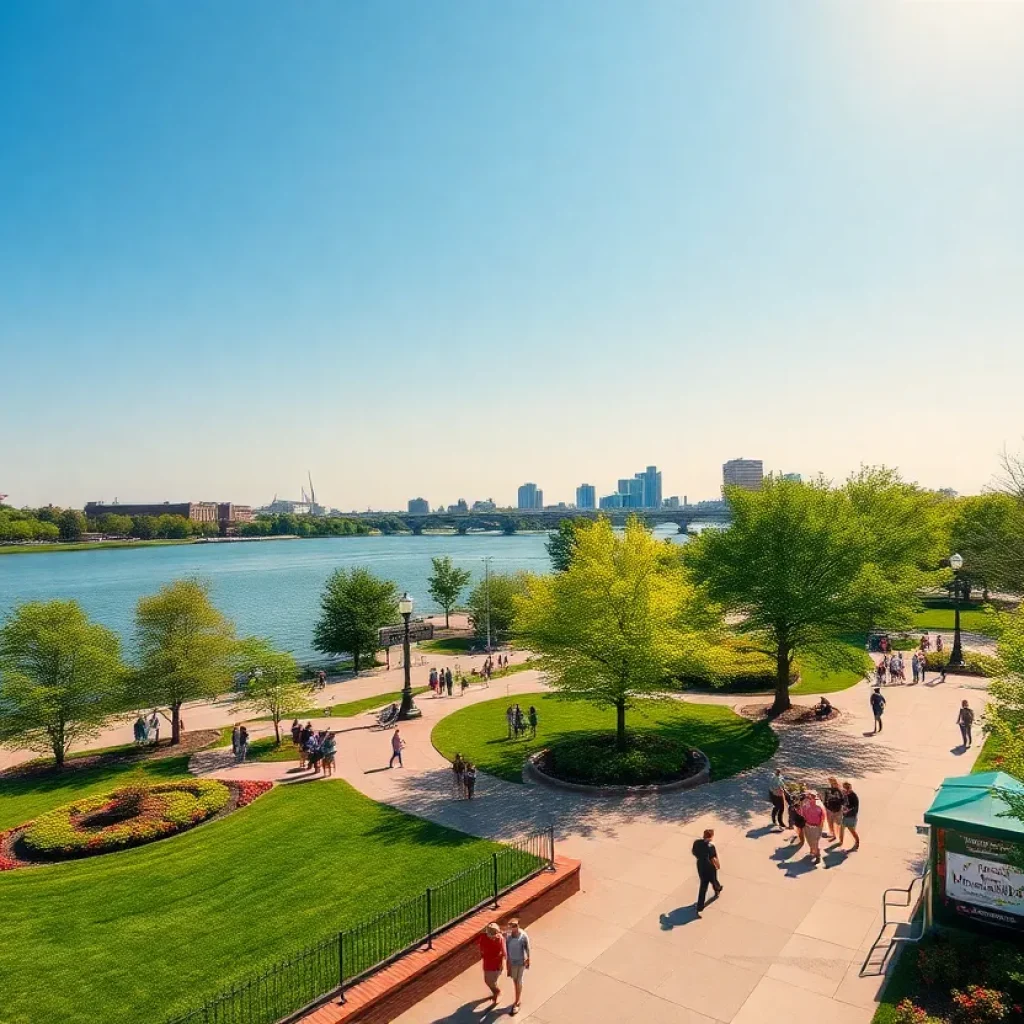 Scenic view of Waterfront Park in Louisville with the Ohio River and green spaces.